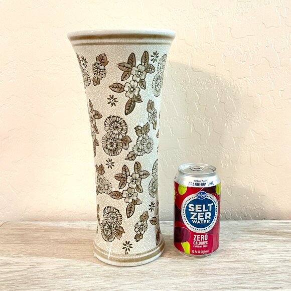 Vase Flowers Embossed Cream Brown Target 12" Ceramic - Picture 2 of 9